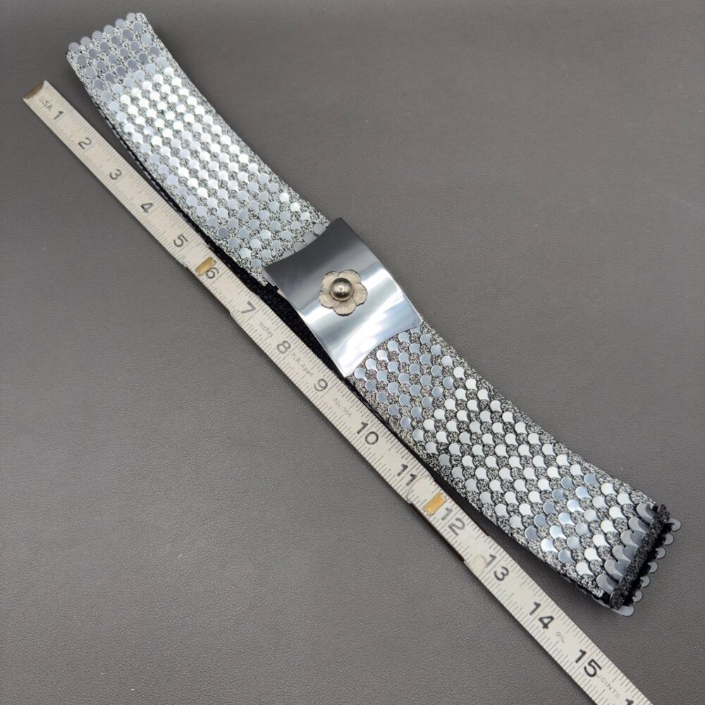 Vintage Women's Belt Small Medium Silver Fish Scale Metal Stretch Floral Buckle - Picture 8 of 15